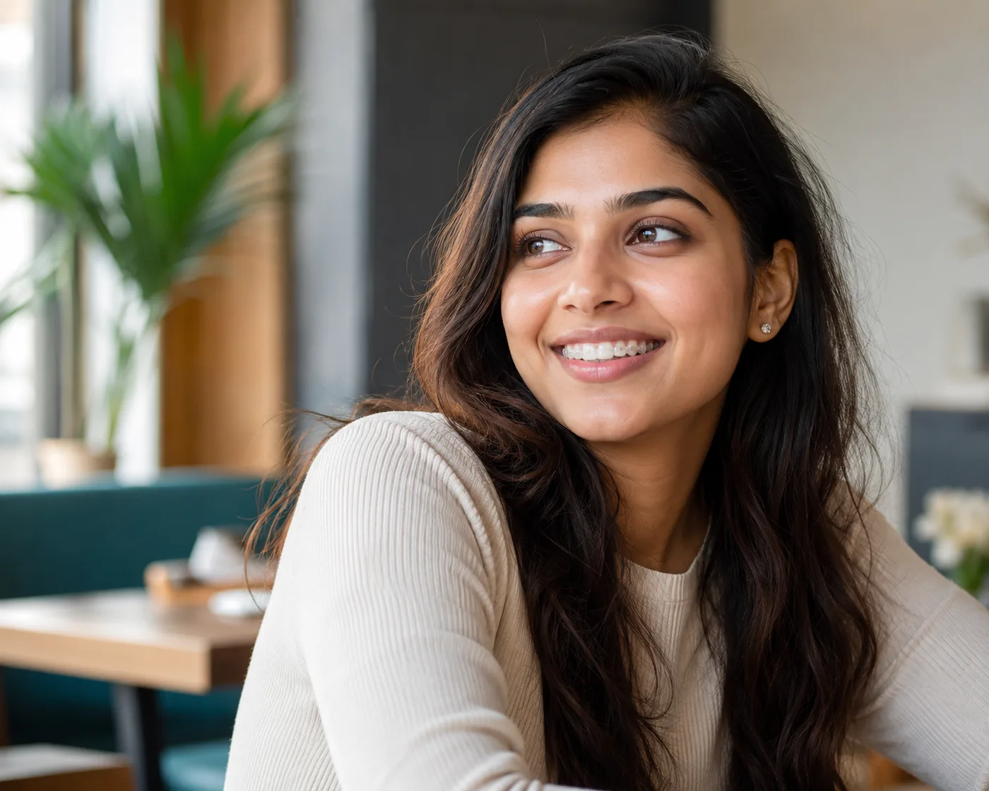 Young woman smiling with clear aligners