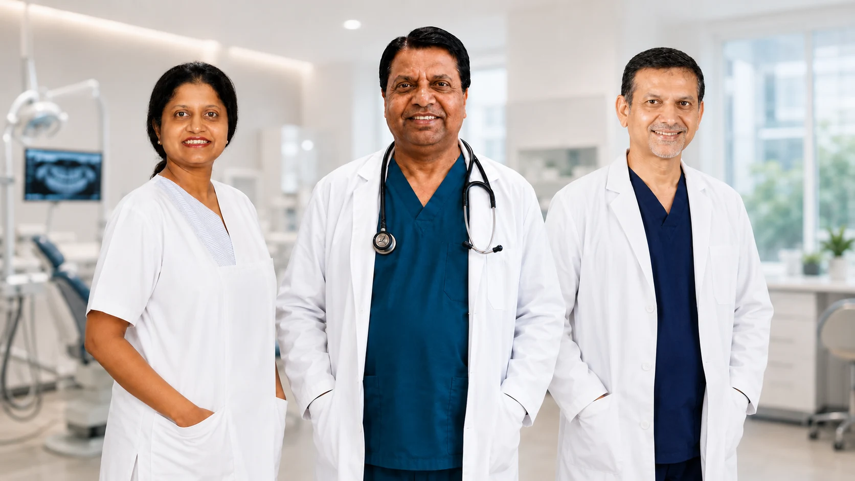 Dr. Snigdha Gowd, Dr. M.S. Gowd, and Dr. T. Shankar — the leadership team at Dr. Gowds Dental Hospital