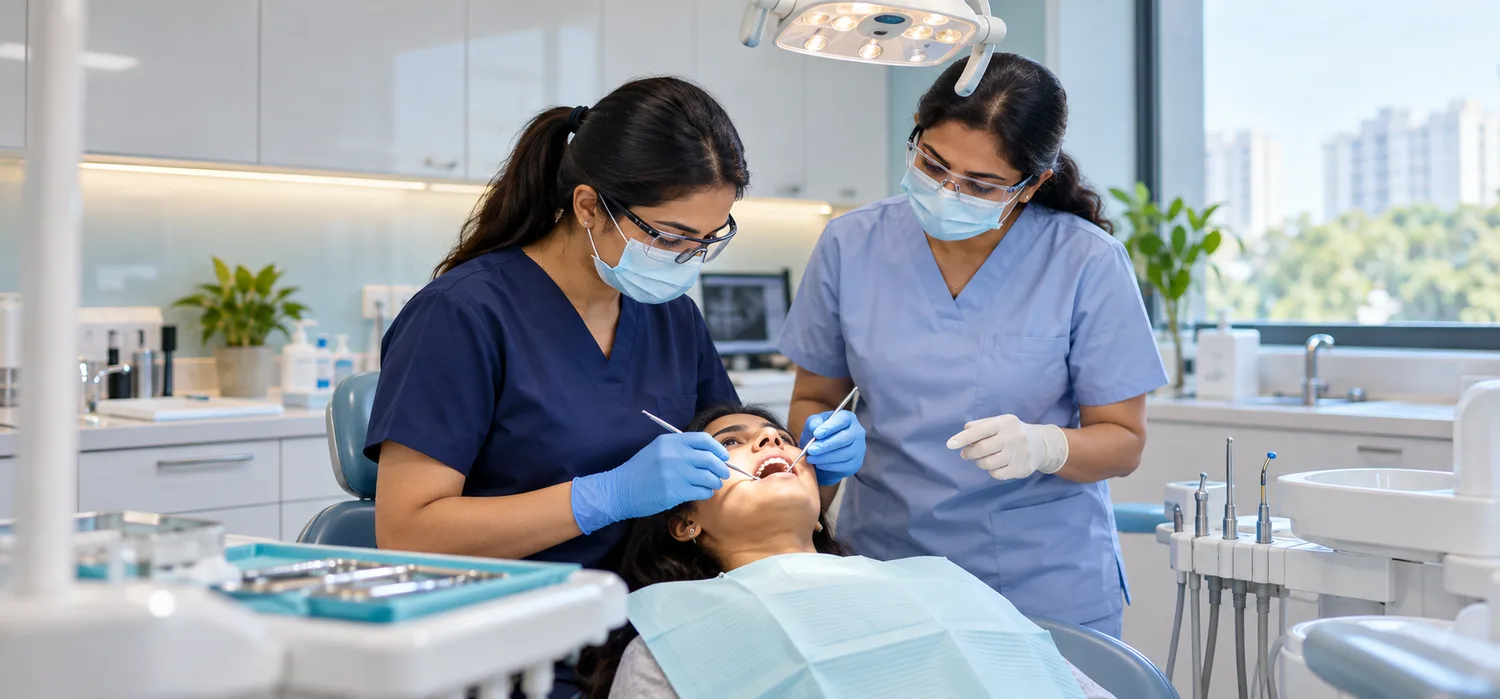 Two dental clinicians examining a patient in a modern dental operatory