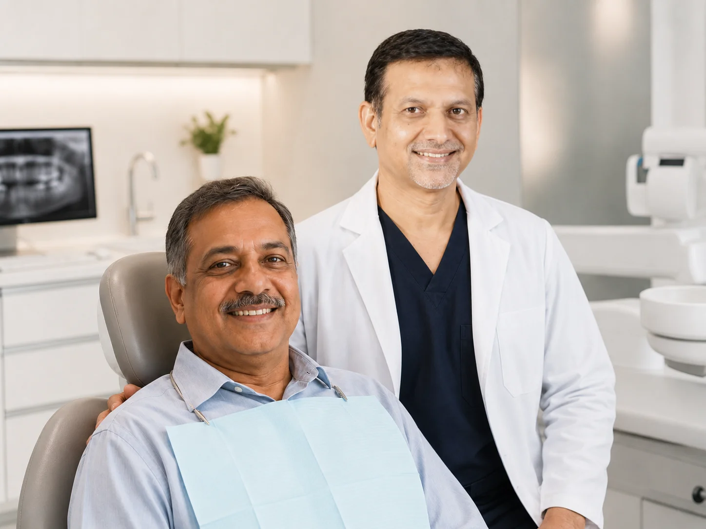 Prof. Dr. T. Shankar with a smiling implant patient at Dr. Gowds Dental Hospital