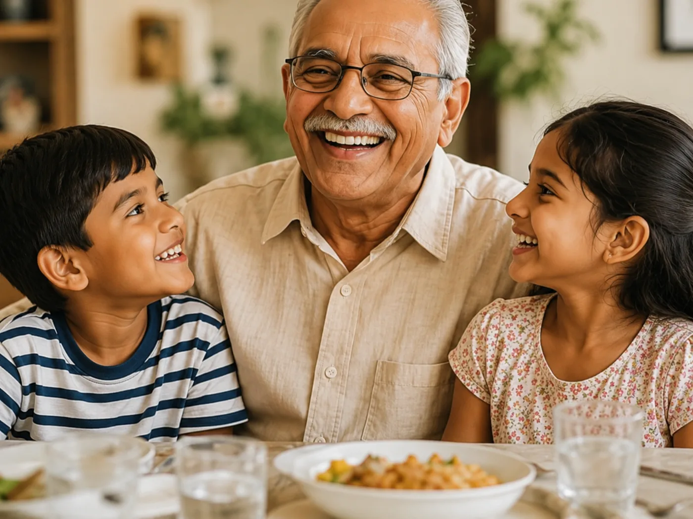 Grandfather smiling with grandchildren after dental implant treatment